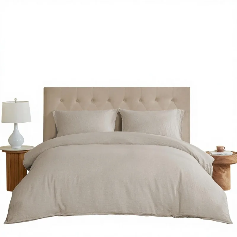 Linen quilt cover three-piece set, light luxury simple high-grade solid color washable quilt cover pillowcase