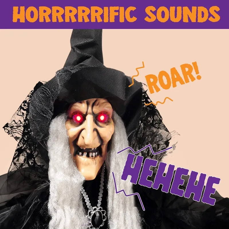 47'' Animated Witch Halloween Decorations Outdoor Indoor Scary Halloween Animatronics Decor, Hanging Ghost Talking Sound Activated Led Lights Eyes Haunted House Yard Garden Lawn view 5