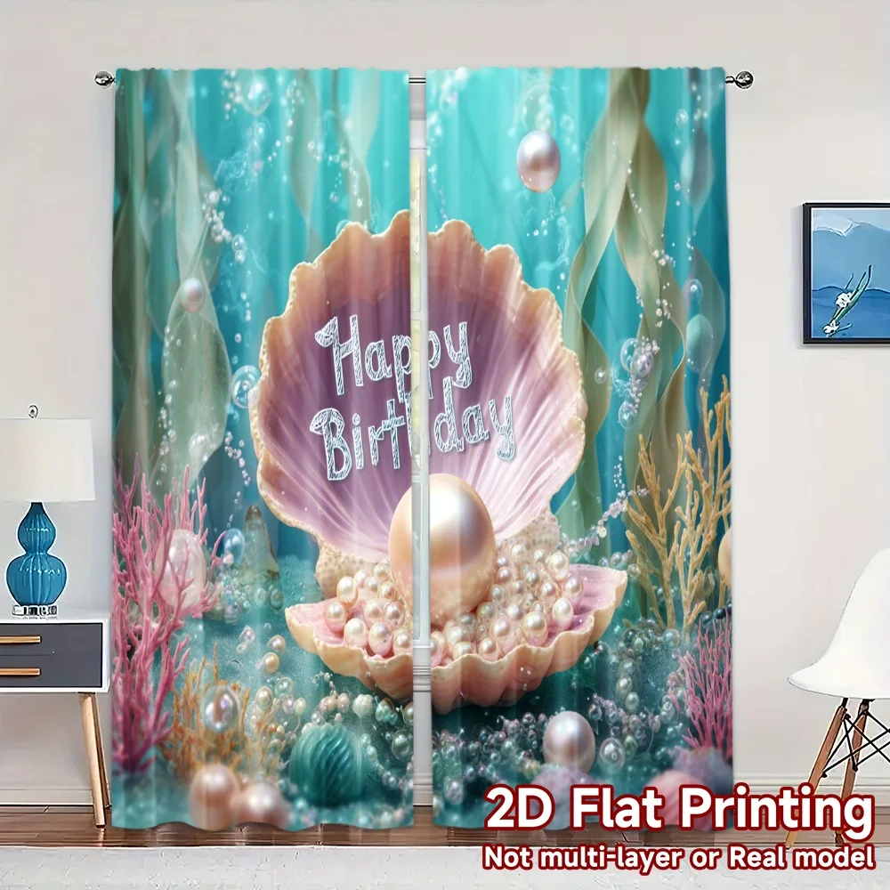2pcs, 2D FLAT PRINTING Curtains (Without Rod) OceanBirthday Print Chic Curtains Versatile Polyester Curtains Outdoor Decorations