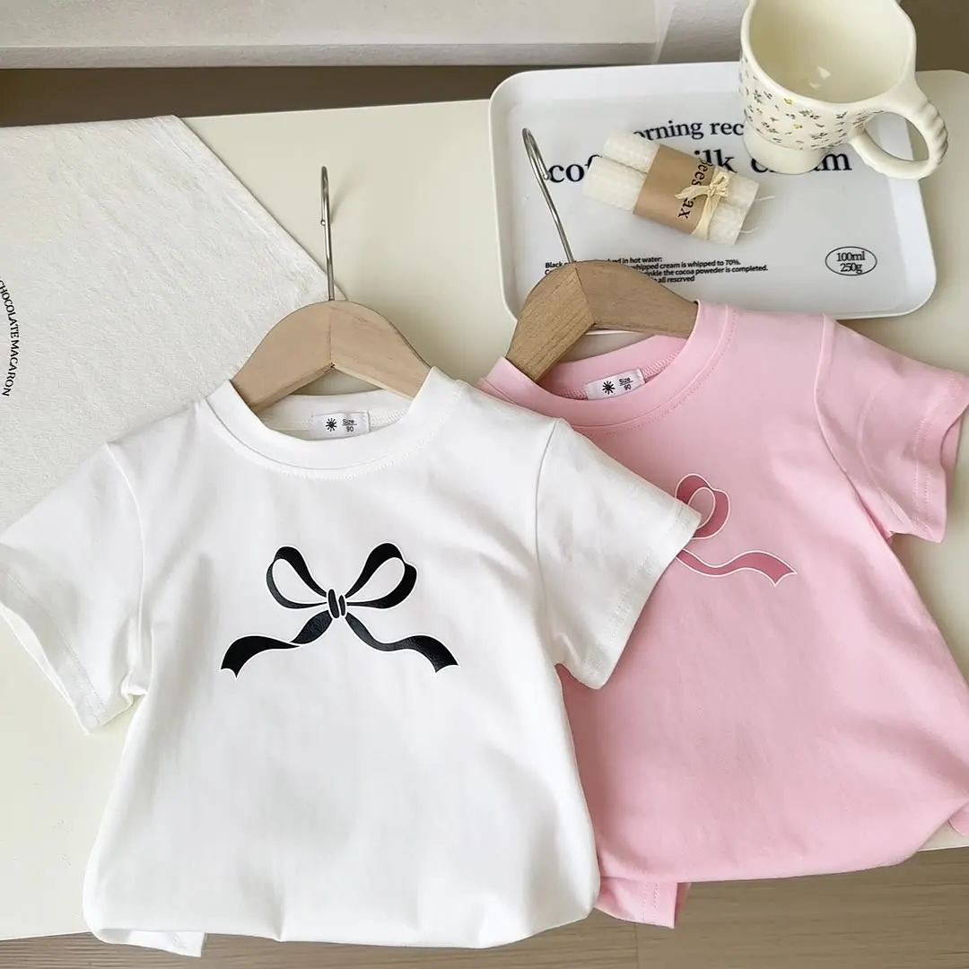 Girls Short-Sleeved T-Shirt Bow Children's T-Shirt Yankee Tops Baby Casual Korean Version of the Spring and Summer Short-Sleeved