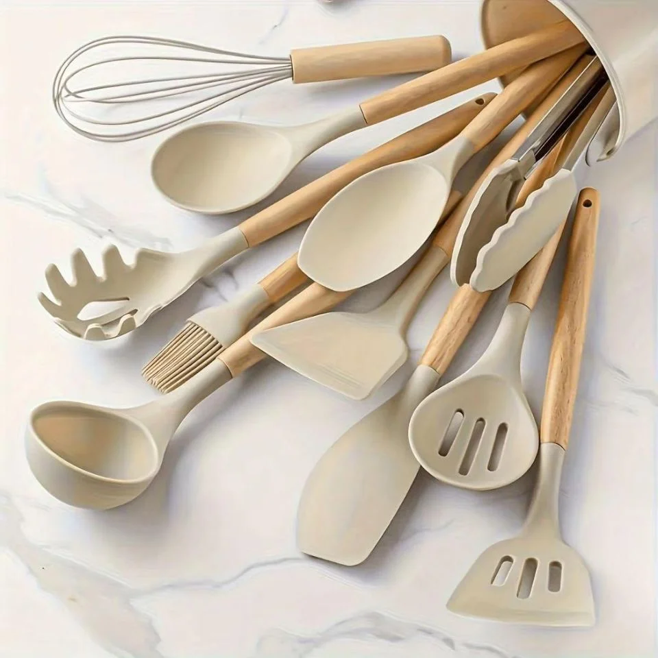Cream Silicone Cooking Utensils Set with Wooden Handle Heat Resistant Kitchen Tool Set for Nonstick Cookware Best 2026