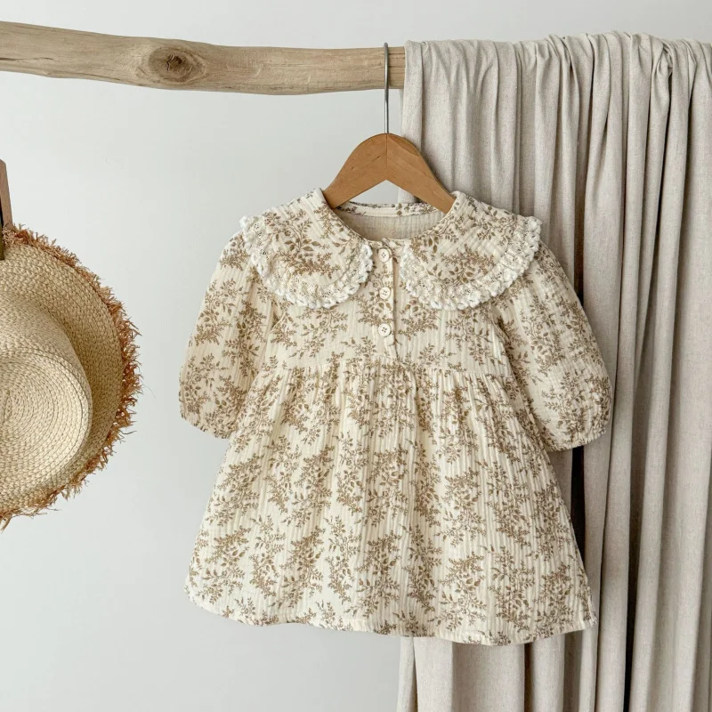 Spring and autumn cotton floral girls' dress, baby romper, lace collar long-sleeve dress, sister outfit