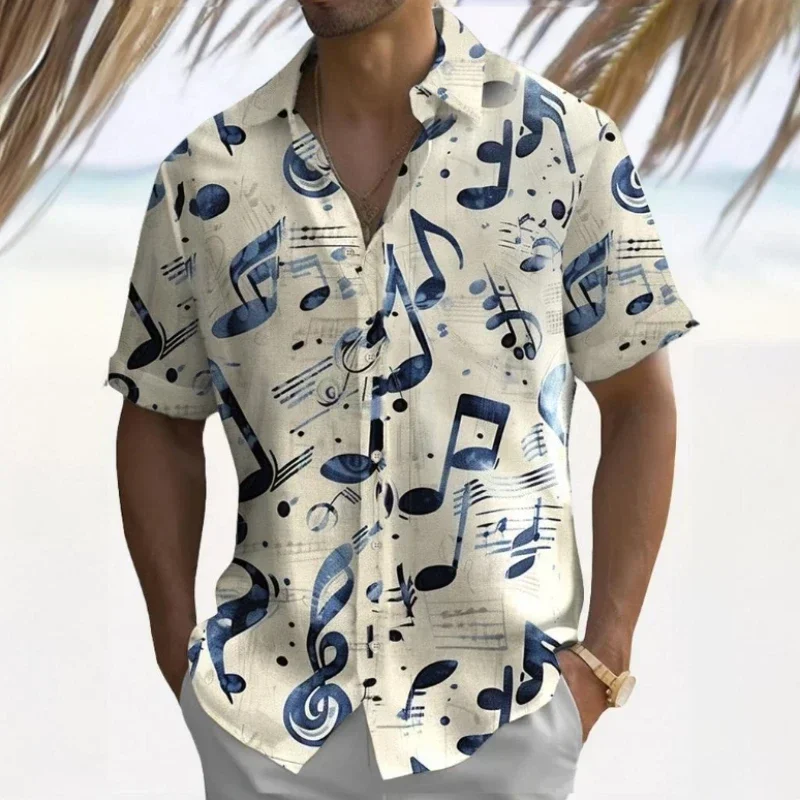 Hawaiian Shirts for Men Short Sleeve Shirt 3d Music Symbol Print Summer Beach Casual Man Clothing Loose Oversized Men Shirt Tops