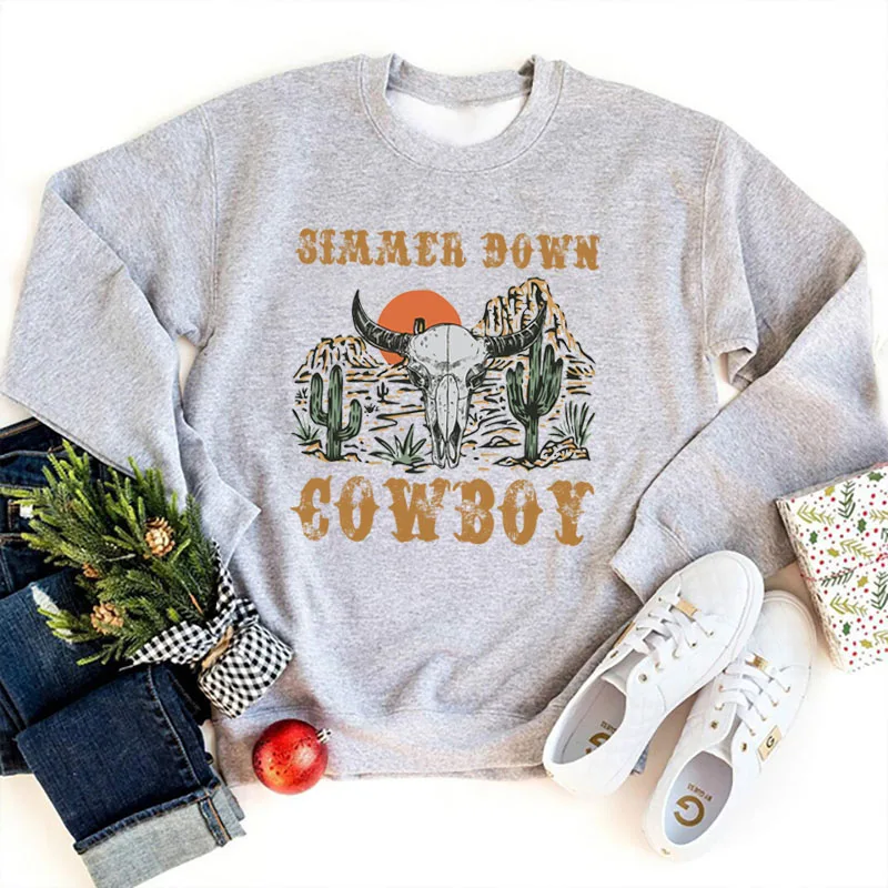 Autumn Winter Female Long Sleeve Loose Western Country Top Cowboy Print Vintage Sweatshirt Retro Boho Women Graphic Hoodies