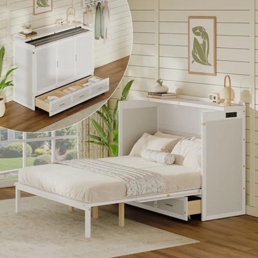 Queen Murphy Bed Cabinet with Storage Drawers, Chest Cube Bed for Guest Room, Built-in Sockets and USB Ports, for Home Office o