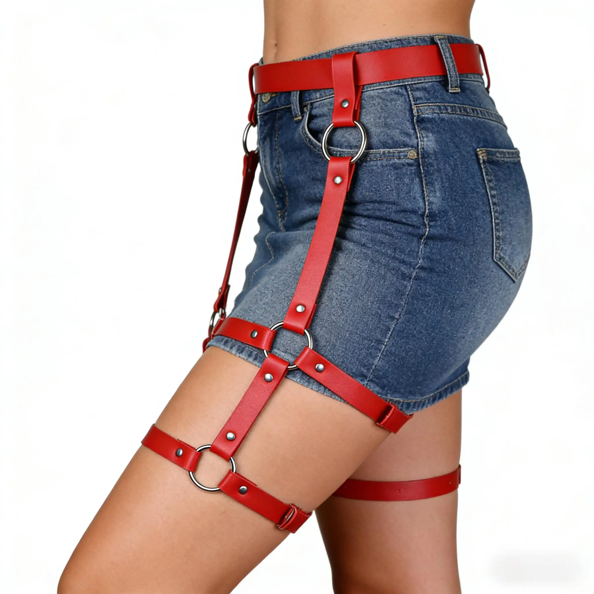 Women'S Stylish PU Thigh-High Garters with Adjustable Buckle Design And Circular Ring Connection,For Music Festival Club Outfits