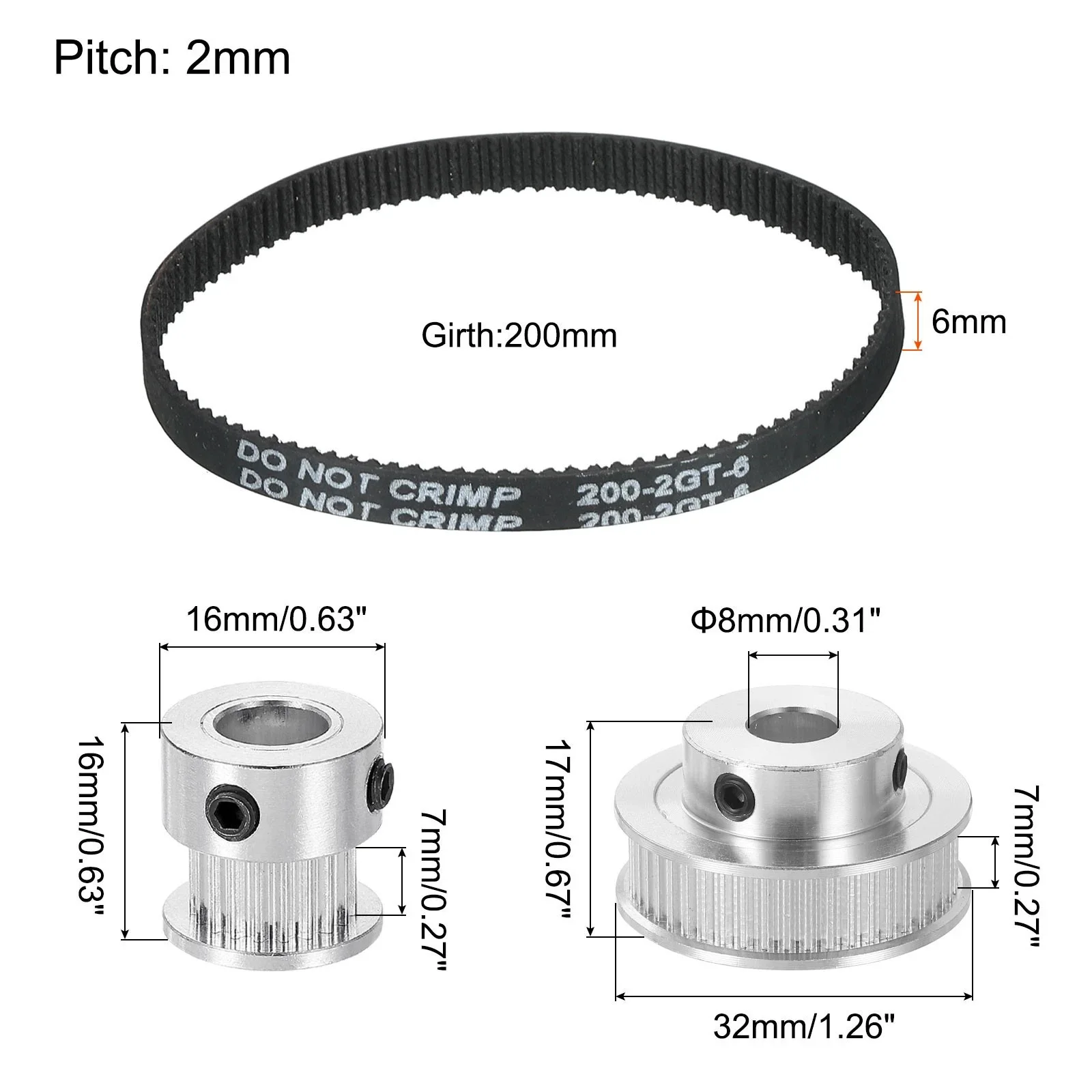 20T 48T Aluminum Timing Pulley Kit 8mm Inner Bore with 200mm Circumference 6mm Wide Belt and Hex Wrench for Gear Machines