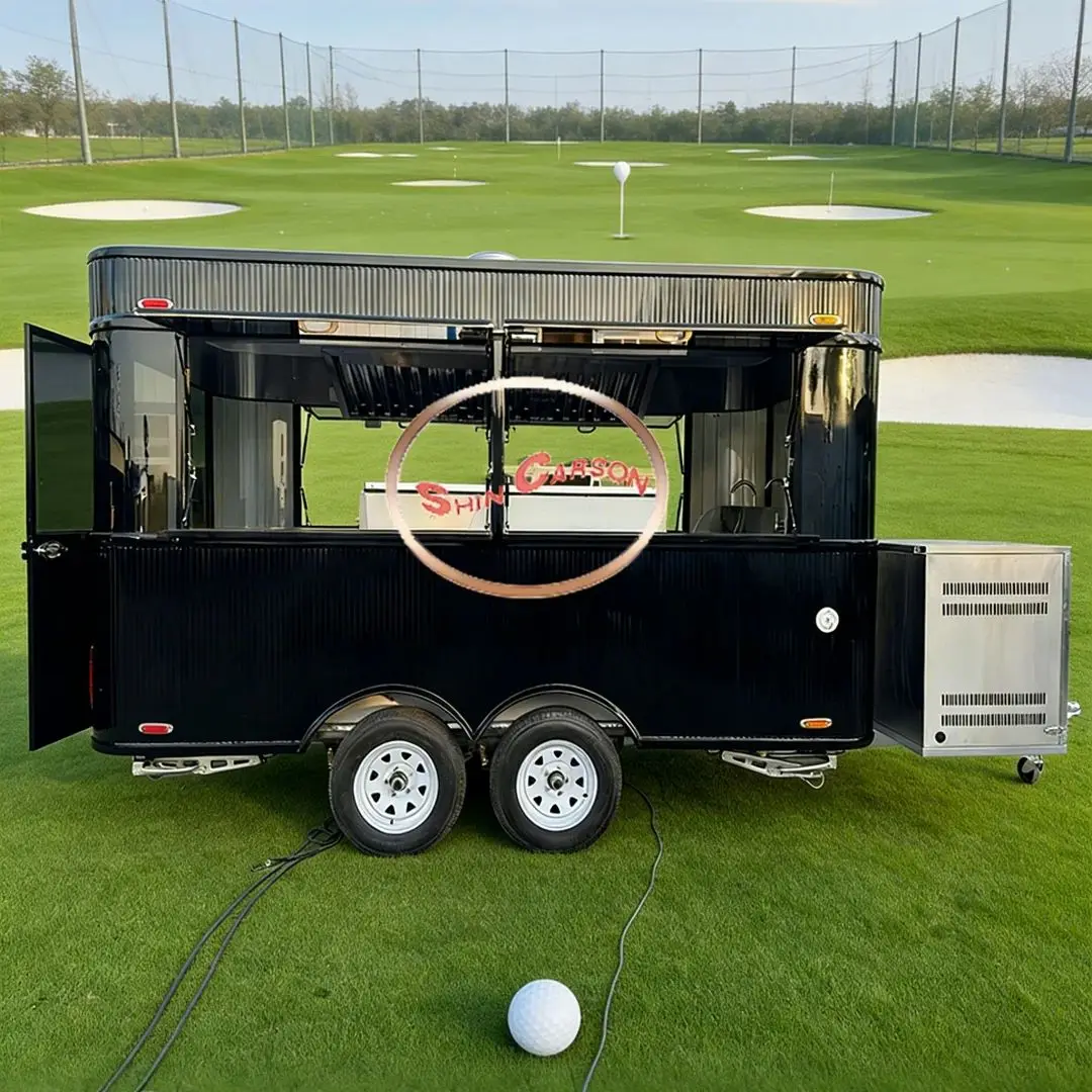 Black Commercial Fiberglass Food Vending Trailer Mobile Catering Cart with Foldable Awning And Double Axle for Business Use