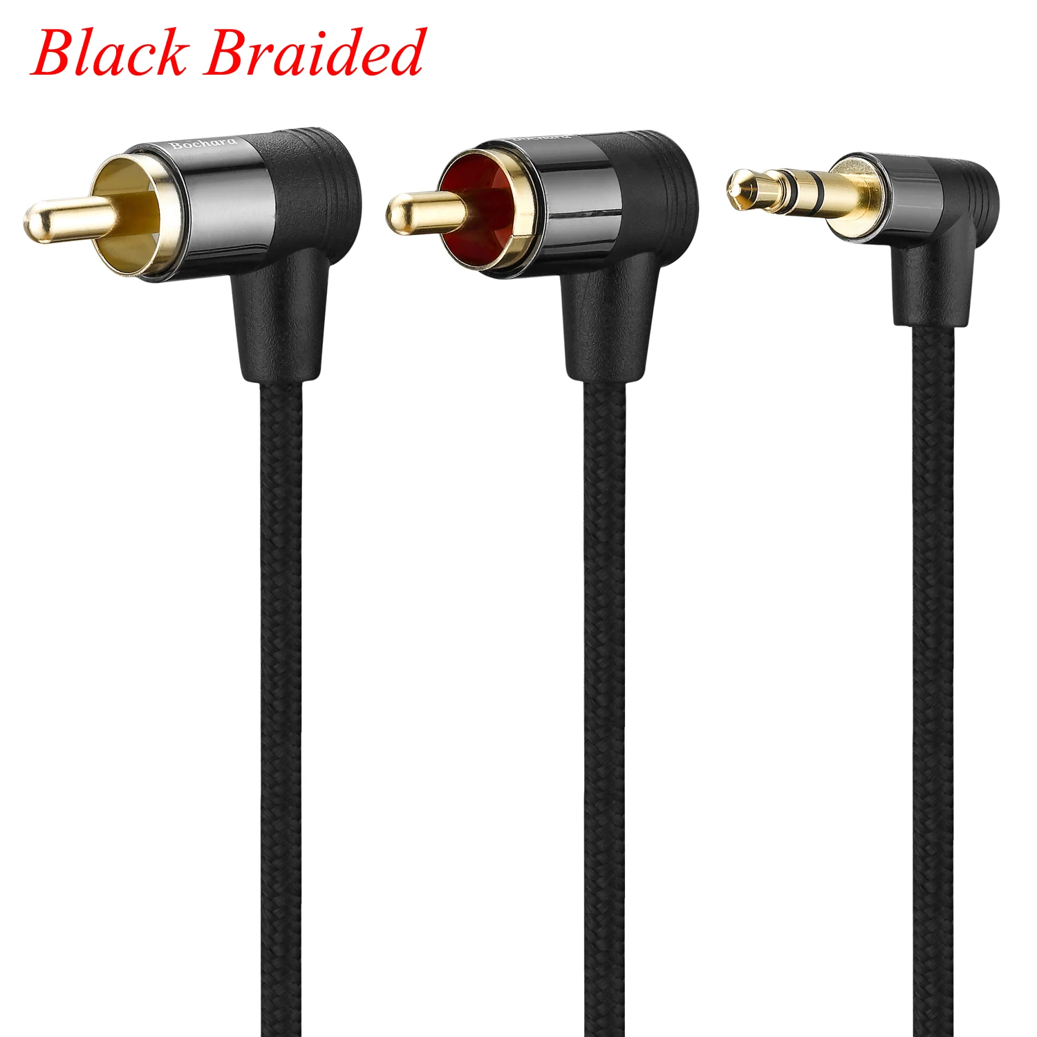 Bochara 30cm Braided 90degree 3.5mm jack TRS to 2RCA OFC Audio Cable Gold Plated For Speakers Amplifier Mixer