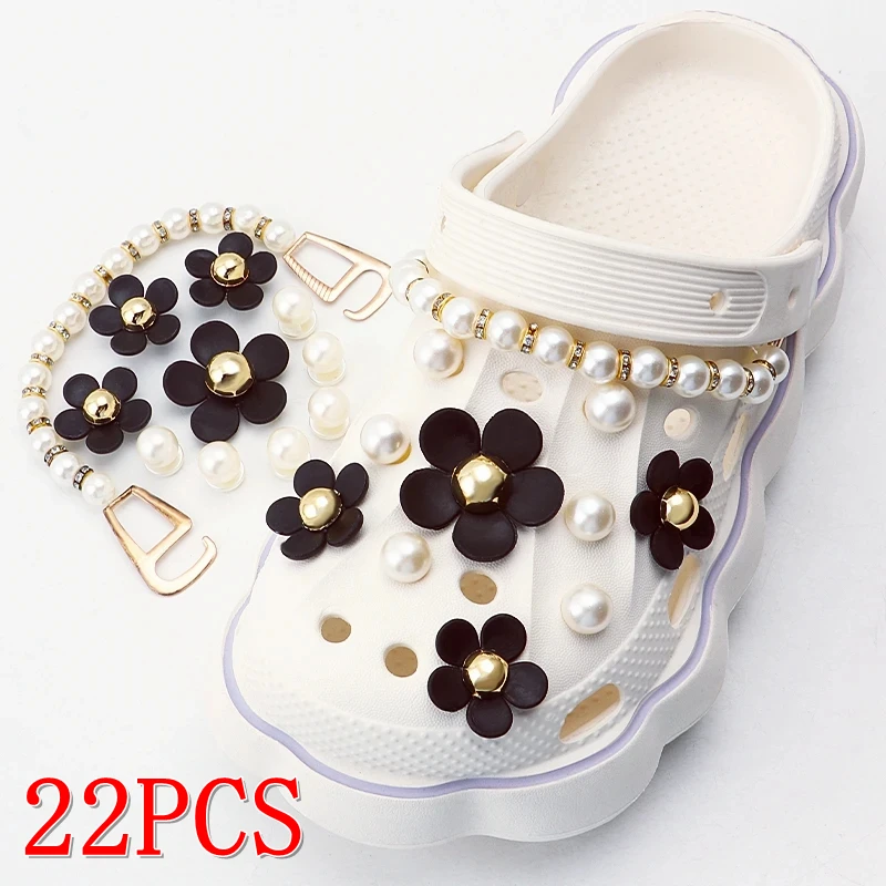 1 Set New Pearl Flower Bow Star Shoe Charms Set Pearl Chain Shoe Decorations  Advanced DIY Detachable Buckle Shoes Accessories