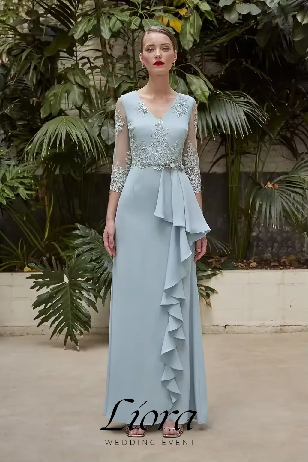 Liora Customized Chic Chiffon Mother Of The Bride Dresses V Neck Wedding Guest Dress Side Ruffles Floor Length Evening Gowns