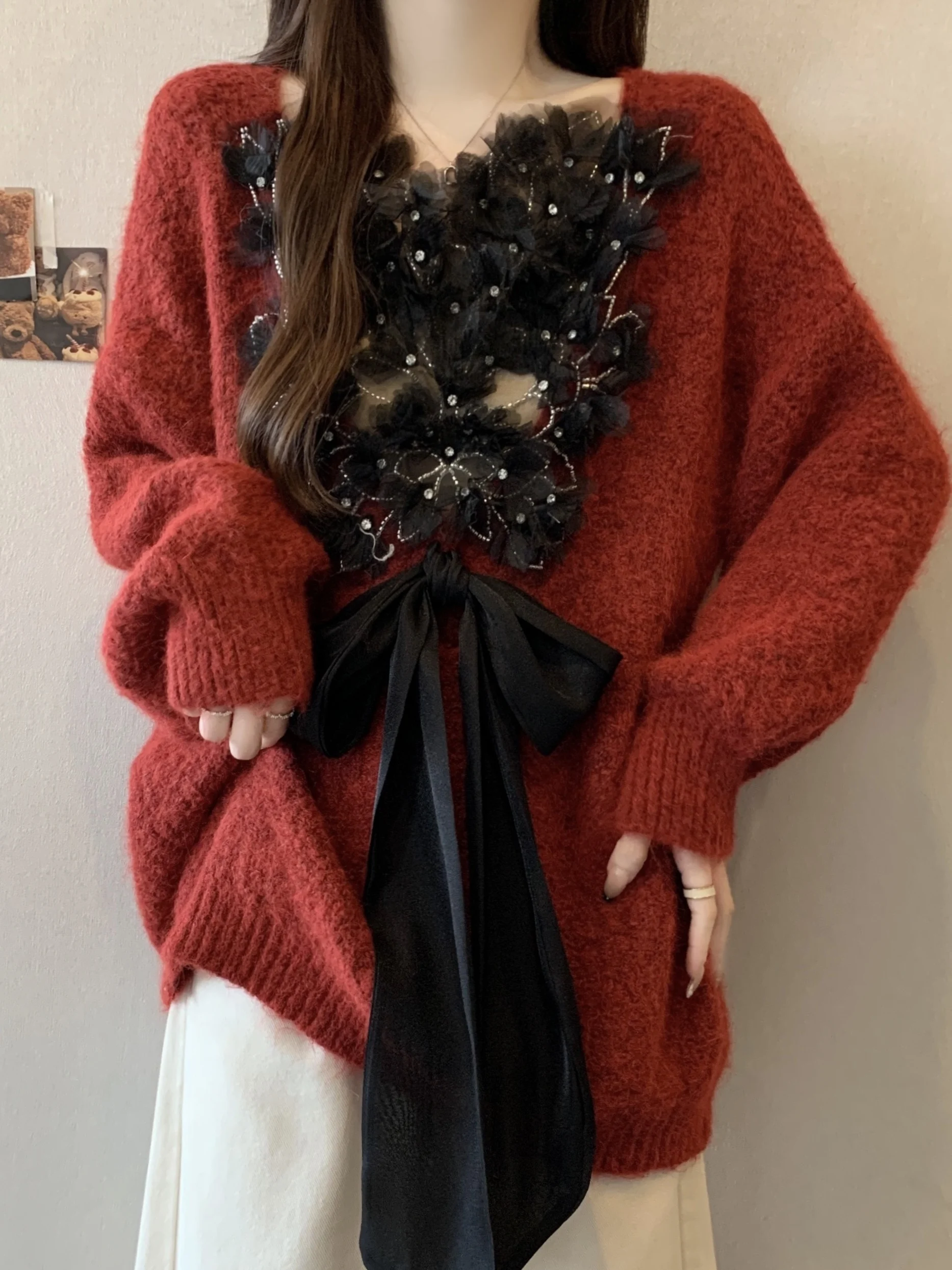 

Wine Red 3D Flower Knot Long Sve Sweater Women's Autumn Winter plus Size Sli Anti-Aging Top Faionable