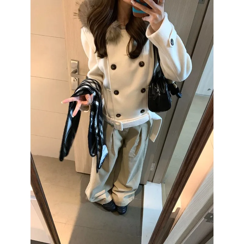 المشمش الأكسجين النسيج اللغة المتخصصة تصميم تحسس مزدوجة الصدر مقنعين معطف الصوف الشتاء ضوء المشمش معطف الصوف #5