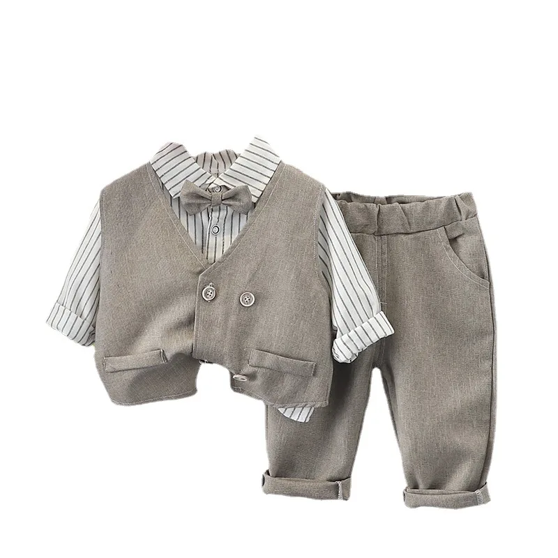 Spring Autumn Boys\' Casual Clothing Children\'s Suits Striped Shirt + Vest + Pants 3-Piece Set Baby Boy Clothes