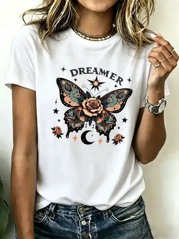 180-gram pure cotton Plus-size women's T-shirt, featuring a dreamer butterfly and rose graphic print, comfortable, breathable