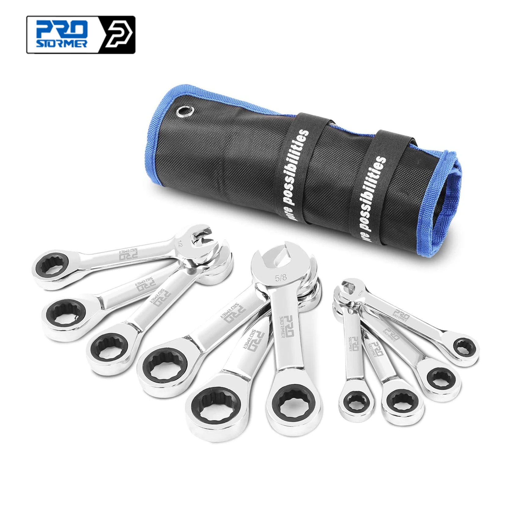 

Stubby Ratcheting Combination Wrench Set, 10-Piece 5/16" to 3/4" SAE Chrome Vanadium Steel Ratchet Wrenches PROSTORMER