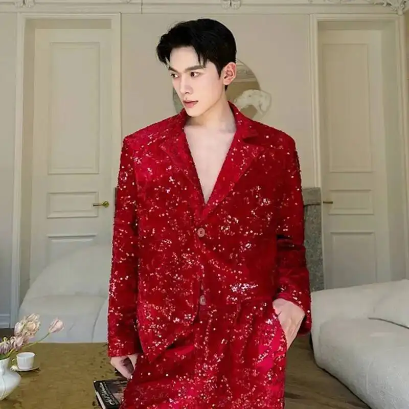 New Stylish Men's Suit Jackets Lapel Solid Color Sequins Irregular Casual Single Button Niche Loose Male Blazers 9WH313