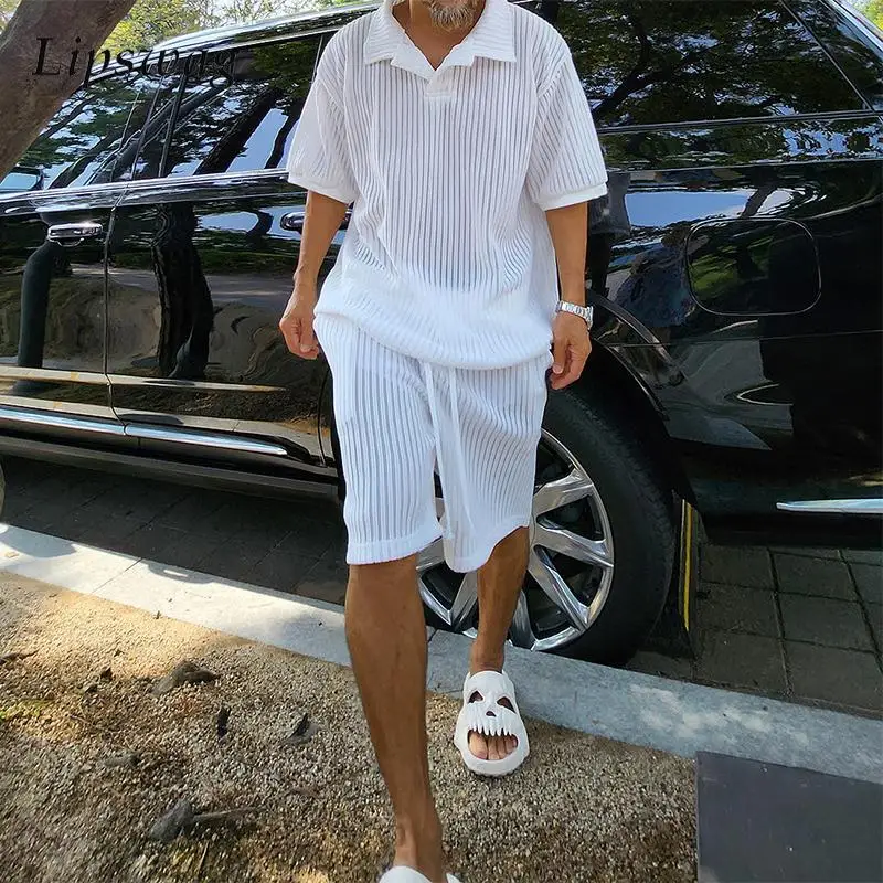 

Knitted Two Piece Sets Mens Outfits Casual Pure Color Lapel Knit Tops And Shorts Suits For Men Streetwear Spring Summer Knitwear