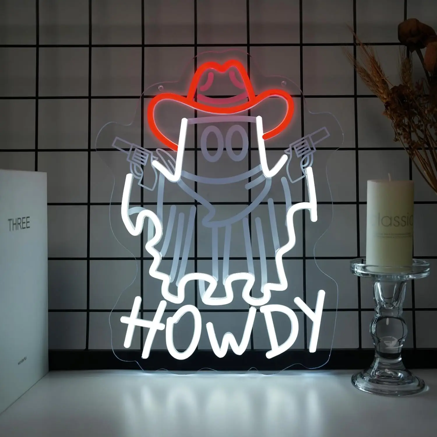 Ghost Cowboy Howdy LED Neon Sign USB Powered Neon Light Western Style Wall Decor Bar Man Cave Bedroom Art Night Lamp Gift