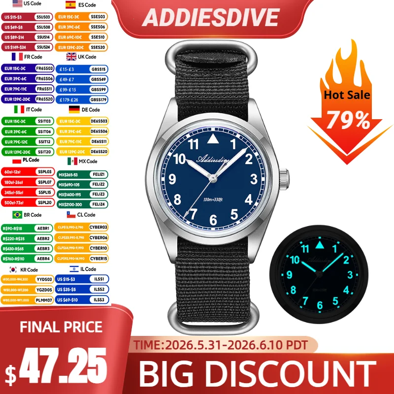 

ADDIESDIVE New Men Pilot Watch 36mm Bubble Mirror Glass VH31 Quartz Wristwatch 100m Waterproof Sports Luminous Men's Watch