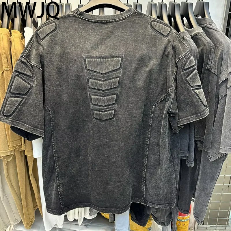 

MWJQ Heavy Niched Design Darkly Style Male T-shirt High Street Spliced Washed Motorcycle Deconstruction Short Sleeve Top 010141