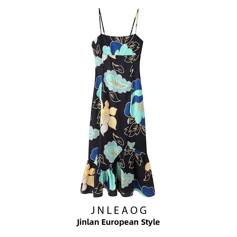 Faionable Printed Satin Dr JNLEAOG Women's High Waist French Sle Summer Casual Svel Gown Ele Design Sense