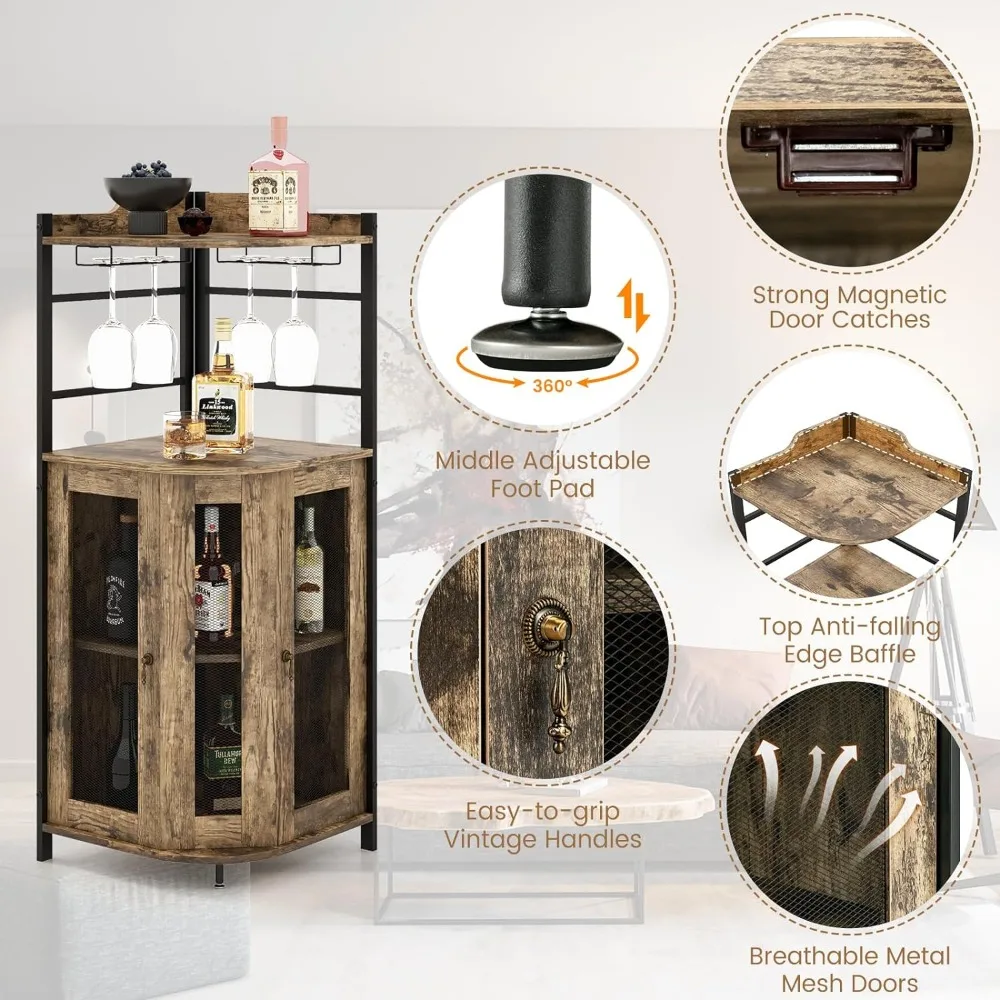 Armoire de bar, cave à vin industrielle avec portes en maille métallique et étagère réglable, française ou marron rustique