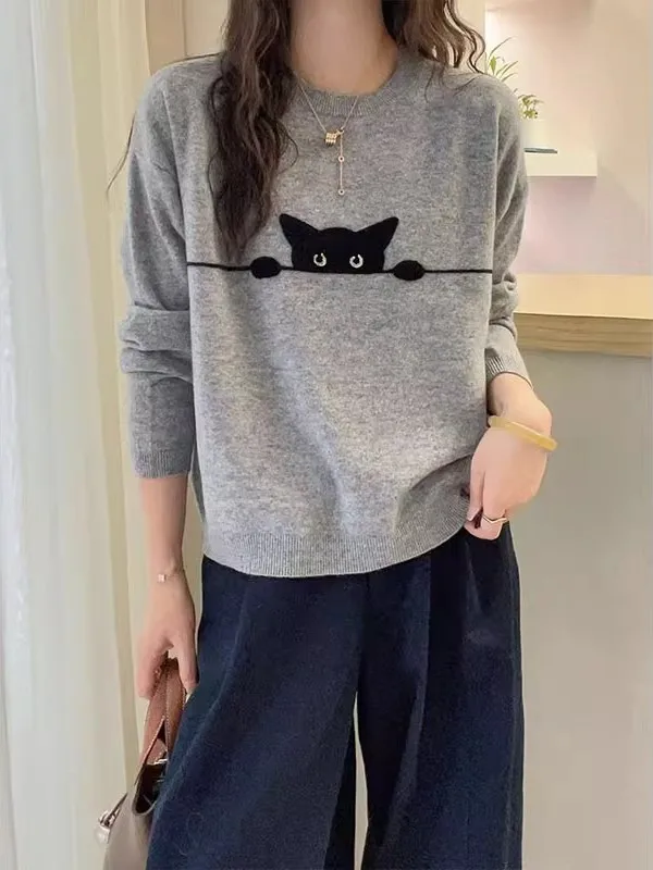 ey Semplice cartone animato ricamato rotondo Ne Maglieria da donna vestibilità ampia autunno inverno nuovo Sle versatile top dimagrante