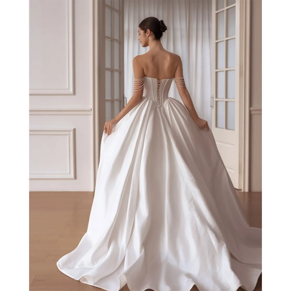 Women White Wedding Dress for Women Customized Off Shoulder Crystal Beaded Corset Ball Gown with Long Train for Bride