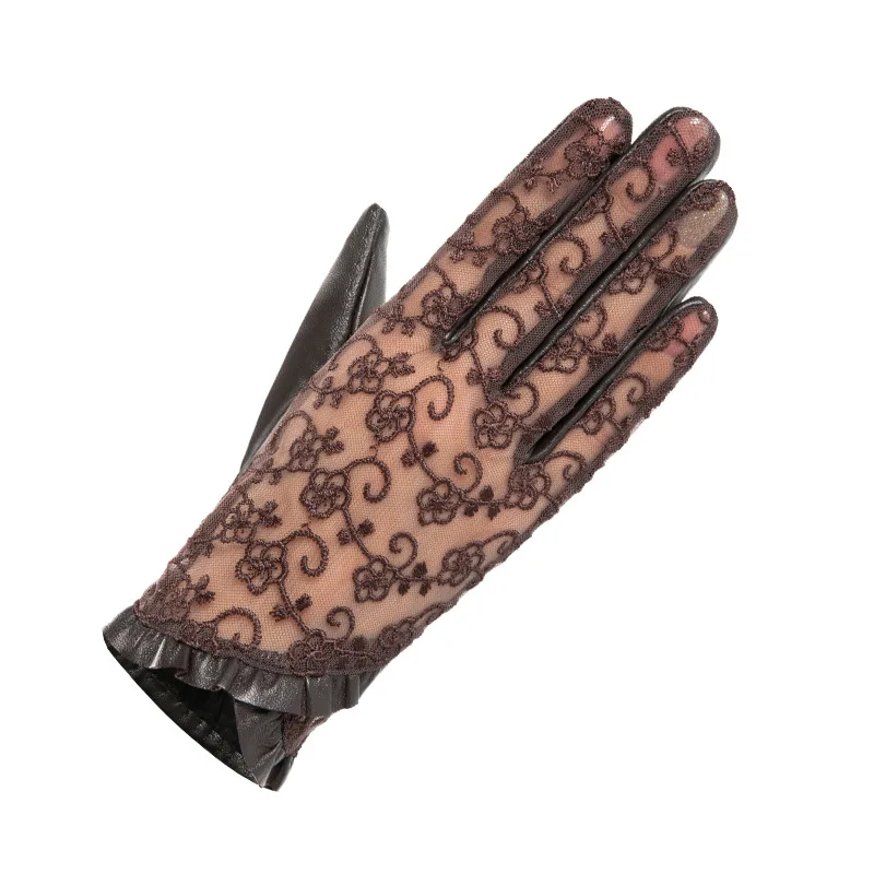 Spring Women Real Leather Gloves Ladies Elegant Gloves Women\'s Black Driving Gloves Anti-UV Touch Screen Lace Mittens 2021