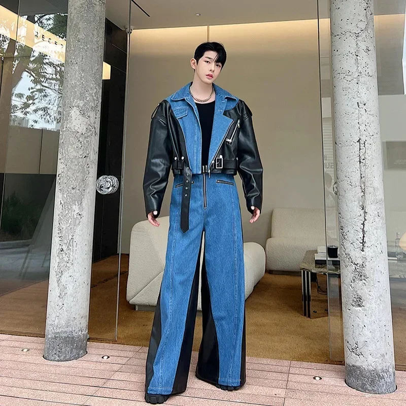 New Fashion Men's Set Niche Design Two-piece Patchwork Suit Denim Leather Spliced Short Jacket Straigt Pants 2023 9C2563