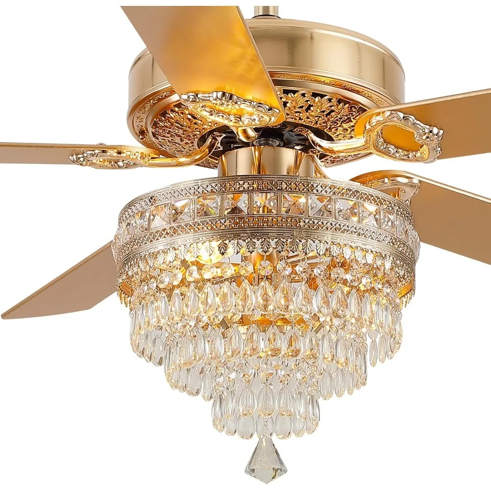 Crystal ceiling fan with Lights - Modern outdoor fan, no noise, vintage/farmhouse lighting, Dining Room, Living Room (gold)