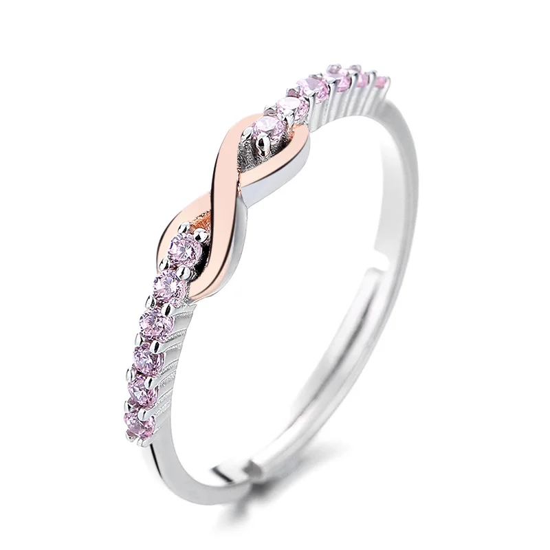 

S925 Sterling Silver Simple Fashion Ring Female Small Fresh Lucky 8 Word Pink Diamond Zircon Real Silver Ladies Ring Jewelry