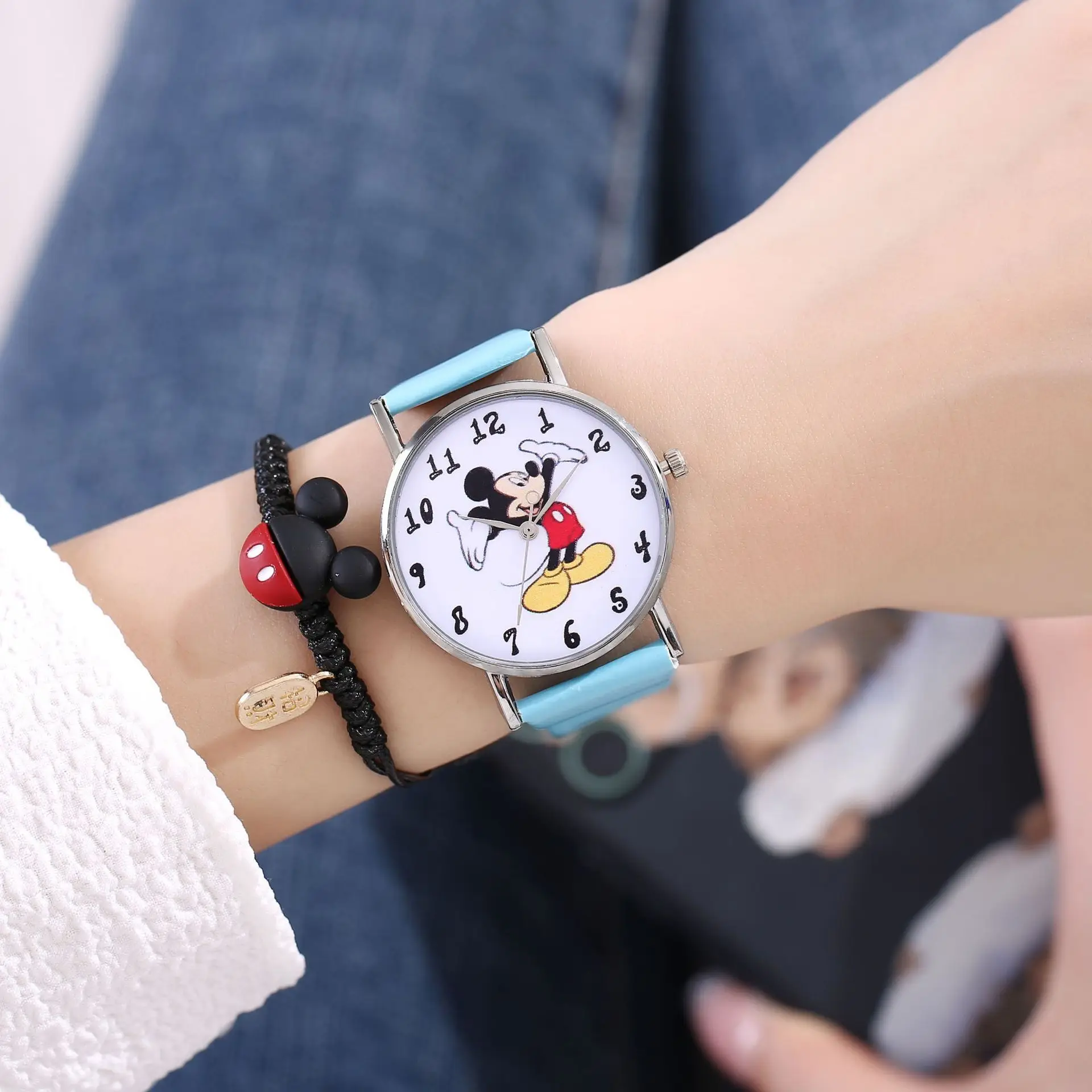 High Quality cartoon Disney Mickey Boys and girls kids Leather Quartz wrist watch+Bracelet Couple students Watch Bracelet gifts