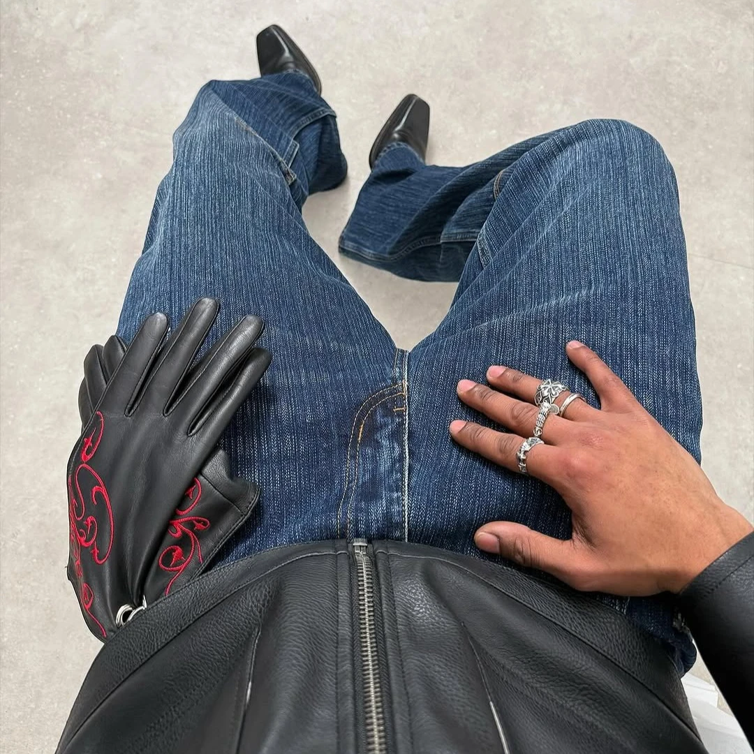 Y2k fragmento coleção jeans baggy vintage couro bordado gráfico impresso calças de perna larga azul lavado hip hop rua jeans