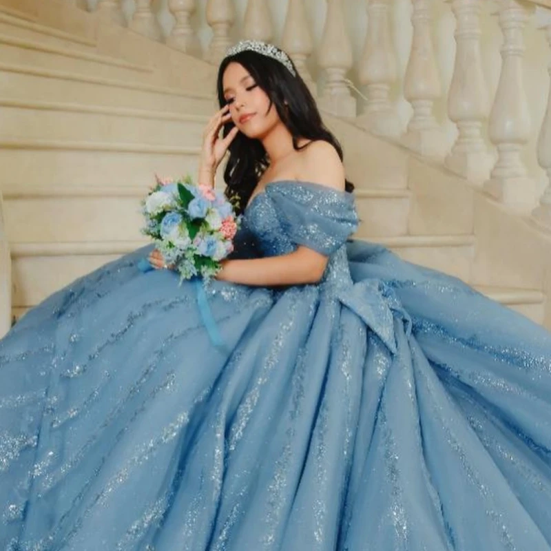 فساتين Quinceanera لامعة باللون الأزرق البحري قبالة الكتف مزين بالترتر والدانتيل مطرز بالكريستال تول حفلة عيد ميلاد حلو 16 فستان #4
