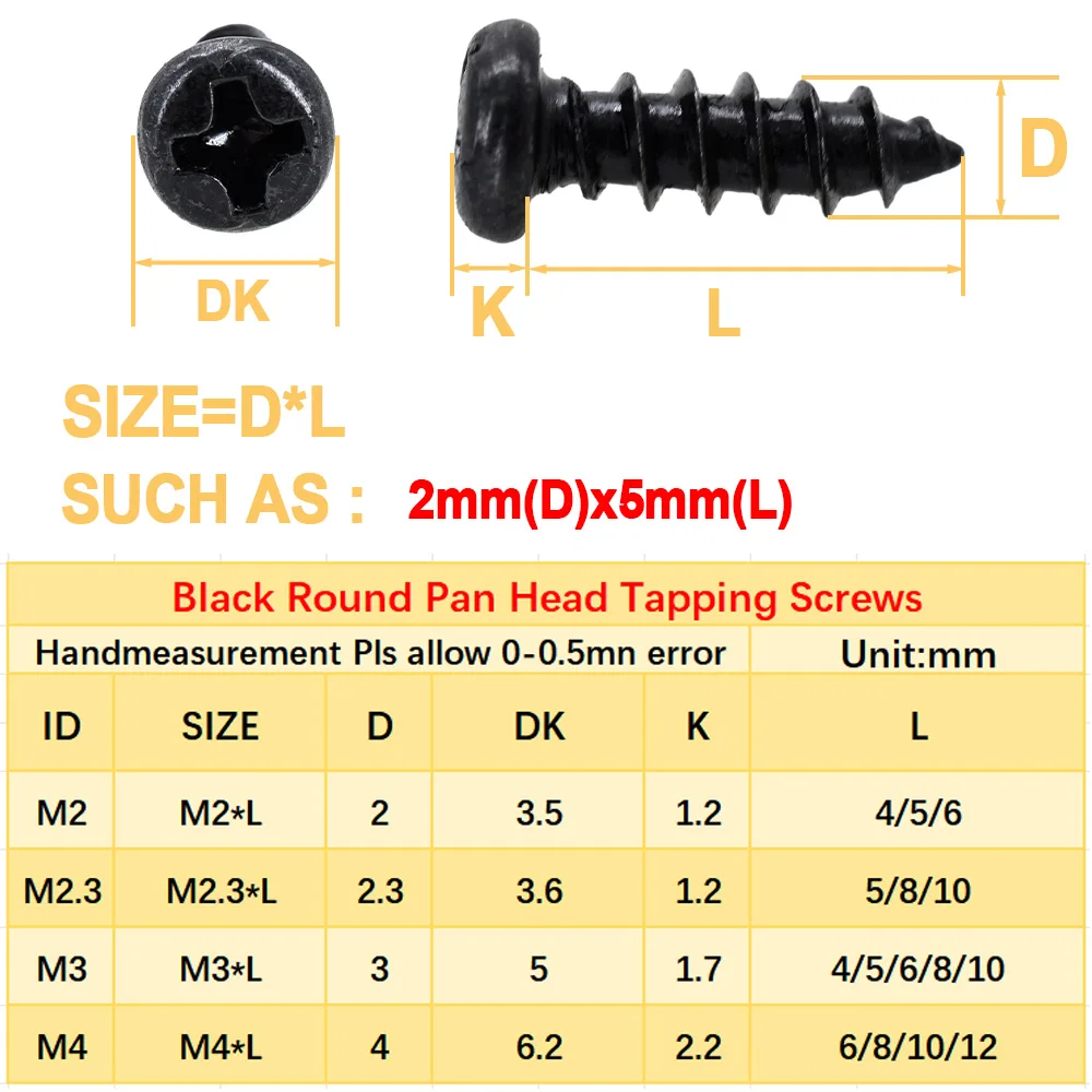 M1-M4 Phillips Round Head Self-tapping Screw Set Black Carbon Steel Plated Round Pan Head Tapping Fastener Screws Assortment Kit