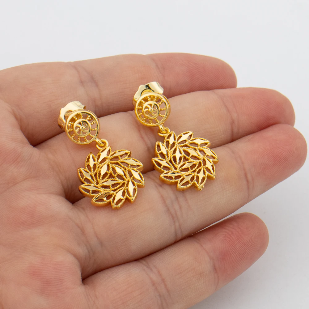 Dubai Italy Gold Color Jewelry Set for Women Simple Fashion Dangle Earrings Flower Leaf Star Pendant Necklace France Link Chain