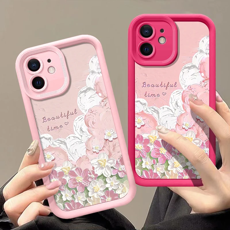 3D Oil Painting Flower Print Shockproof Phone Case For iPhone 14 15 Pro 13 12 11 Pro Max 7 8 XR X XS Soft Silicone Cover Fundas