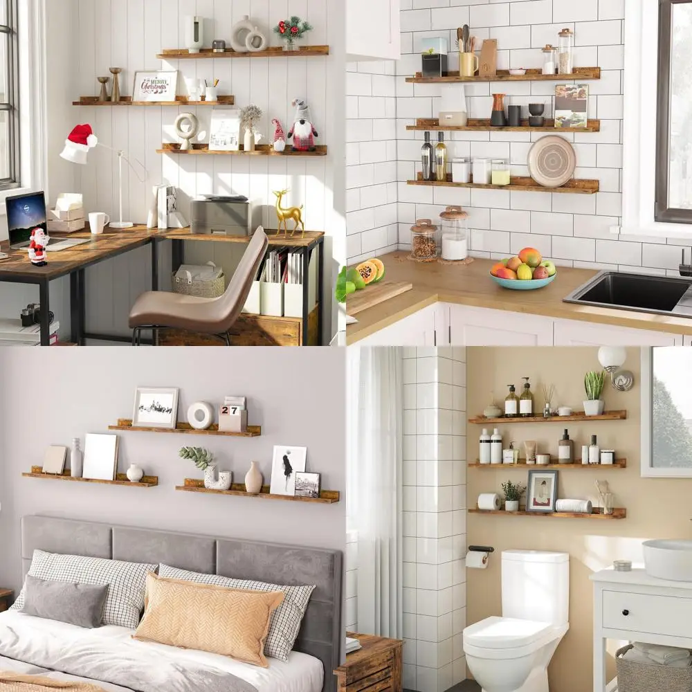 

Set of 3 Wall-Mounted Floating Shelves, 35.4 with Edge Protection and Hidden Brackets, Suitable for Home and Office in Rustic Br