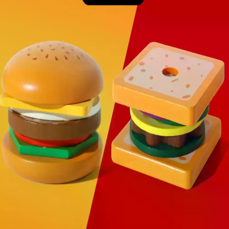 Wooden Sandwich Burger Sorting Stacking Toys Simulated Kitchen Toys Kids Preschool Education Toy