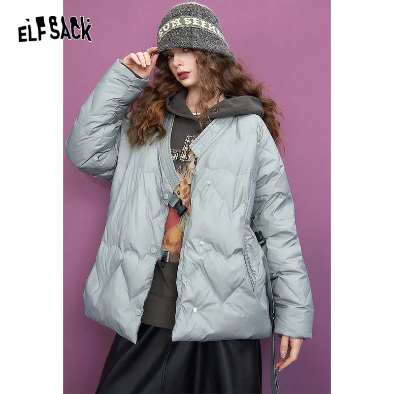 ELFSACK 여성용 블랙 다운 코트, 중국 스타일 루즈 디자인 재킷, 2023 겨울 신상