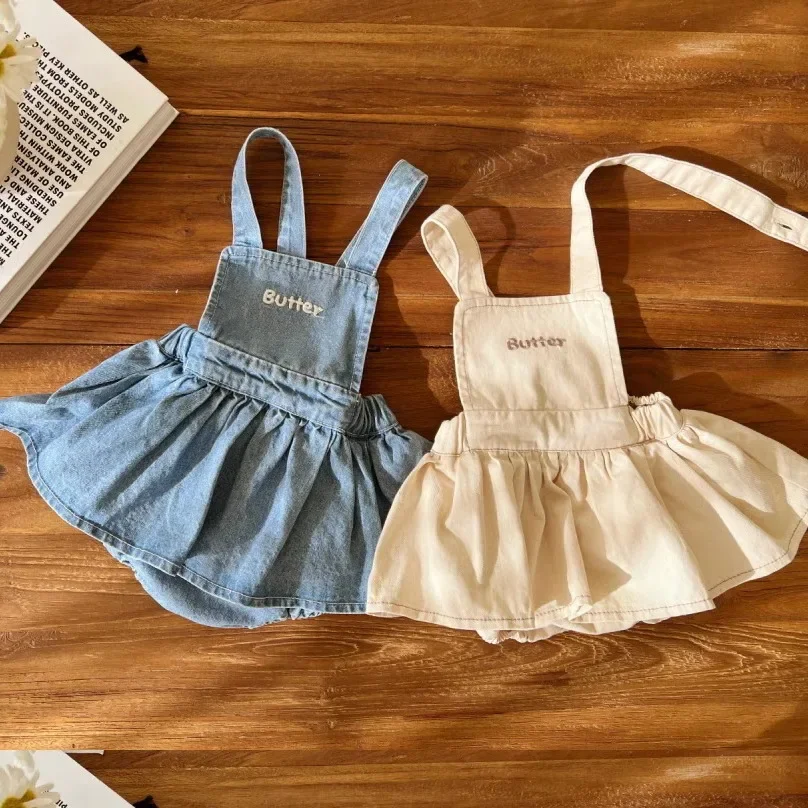 

2024 Summer New Baby Sleeveless Denim Jumpsuit Infant Girl Casual Strap Dress Toddler Letter Embroidery Princess Dress 0-24M