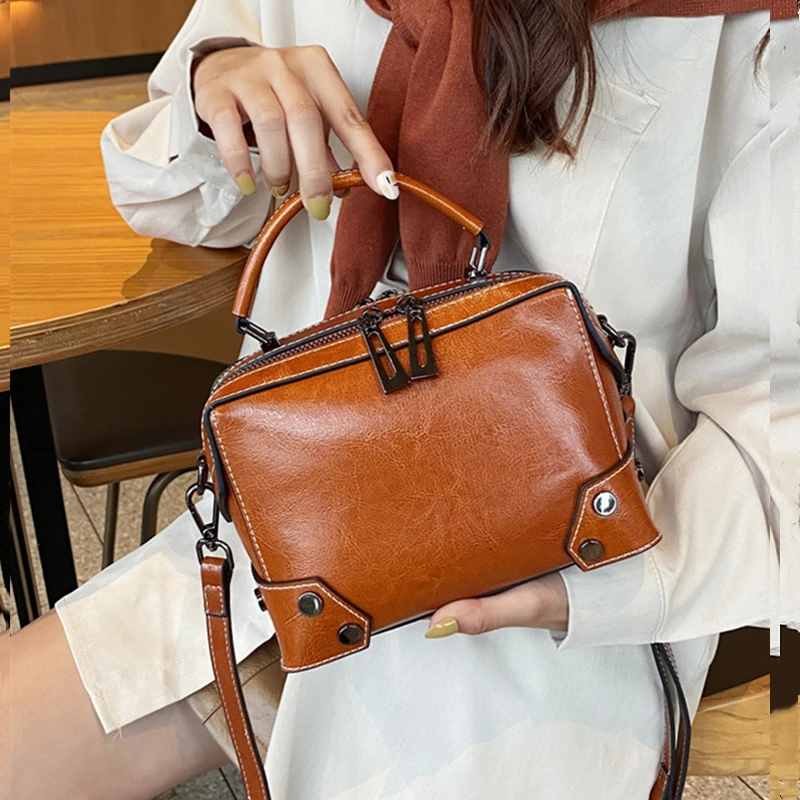 Burminsa Oil Wax Genuine Leather Boston Small Shoulder Crossbody Bags For Women 2024 Trend Designer Pillow Tote Ladies Handbags