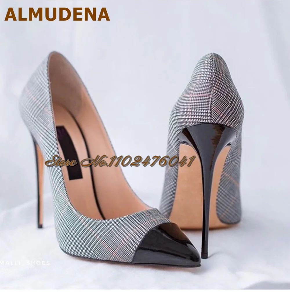 

ALMUDENA Grey Grid Cloth Pointed Toe Dress Shoes Black Patent Leather Thin High Heels 12Cm 10Cm Shallow Pumps Patchwork Heels