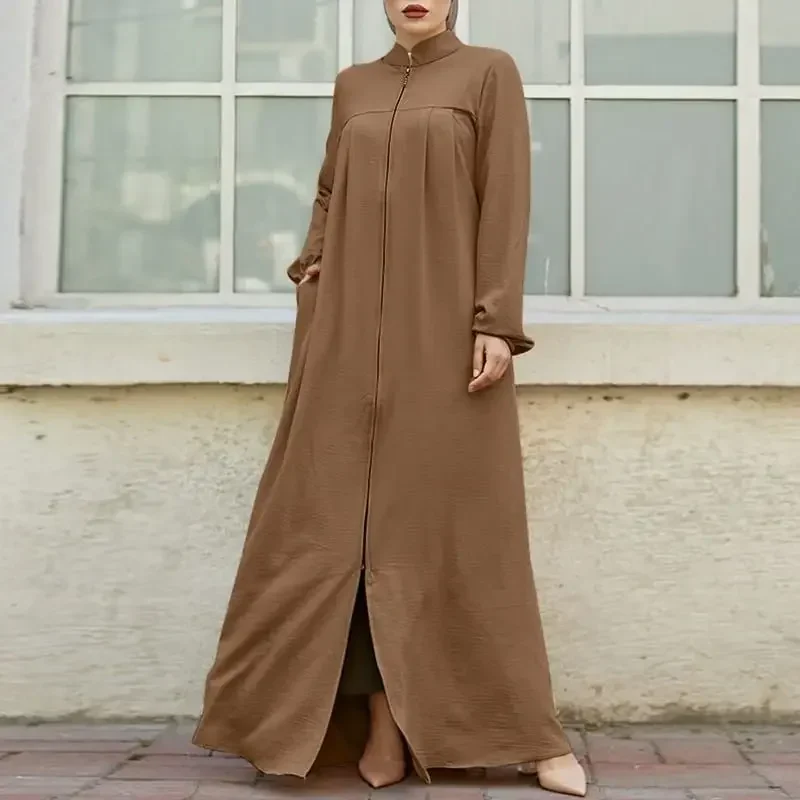 Women\'s Muslim Dress Modest Stand Collar Zipper Long Maxi Robe Middle East Arab Dubai Turkey Islamic Dresses Caftan Vestidos