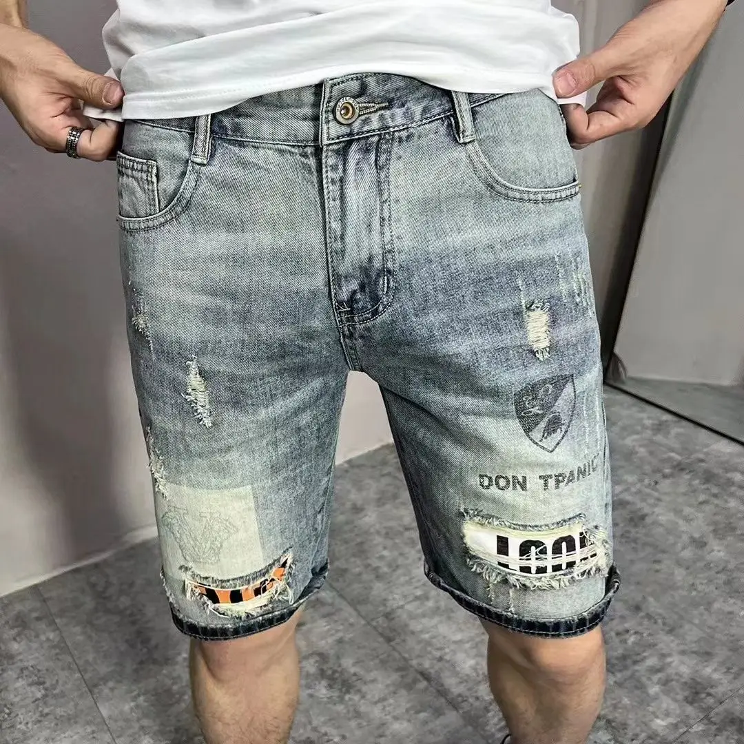 

Джинсовые шорты 2025 года, мужские летние трендовые брендовые тонкие темно-синие модные повседневные шорты-бермуды со средней талией, жаккардовые шорты-бермуды для мужчин
