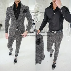 Glitter Gray Wedding Suits For Men Peaked Lapel Groom Tuxedos 2 Pieces Sets Male Prom Blazers Shiny Terno Masculinos Completo