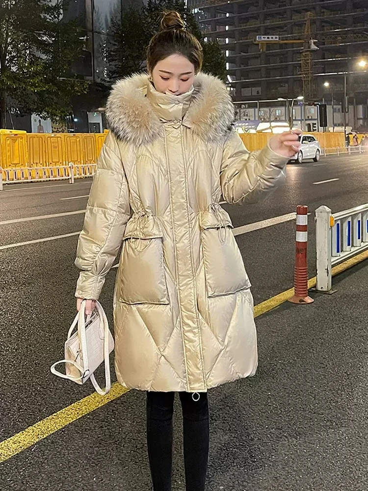 

2022 New Winter Bright Down Padded Jackets Women's Clothing Korean Loose Thick Fur Collar Hooded Long Parkas Winter Coats fp461