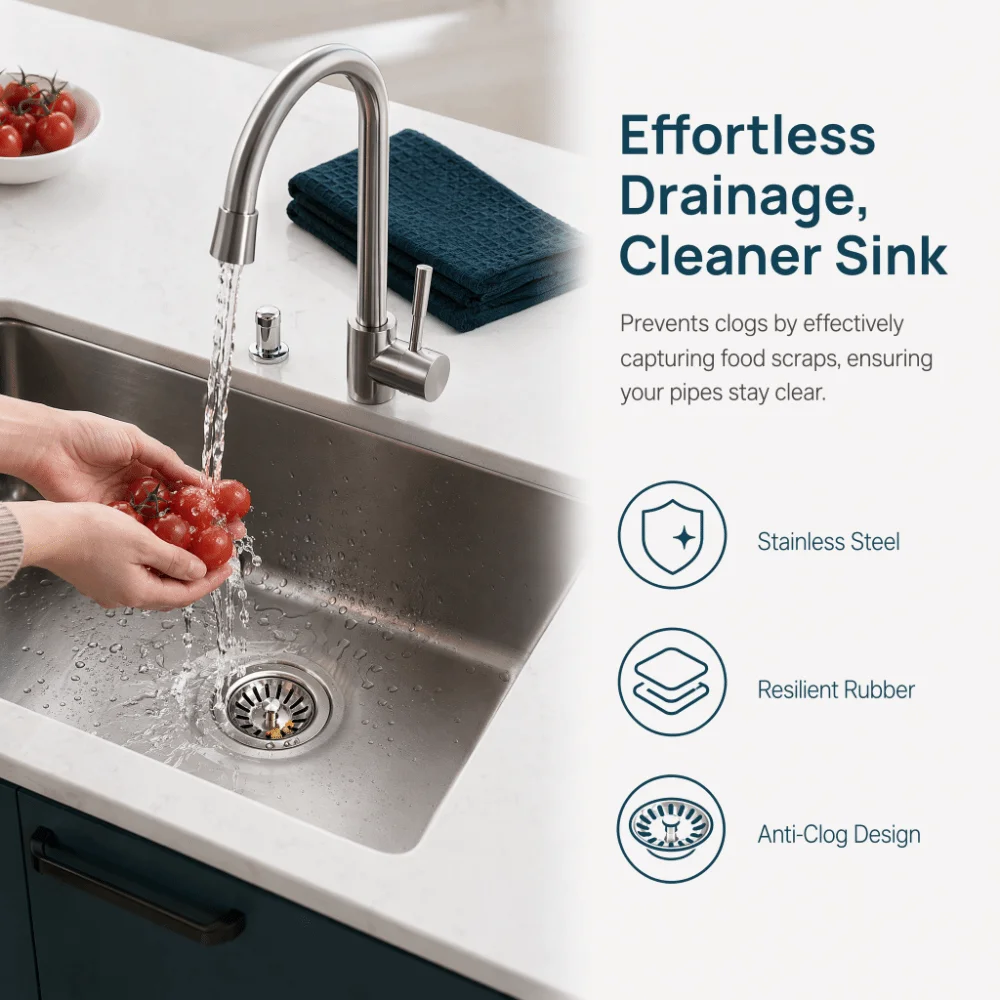 Practical Stainless Steel Sink Strainer Basket Thickening Design Rubber Stopper Sink Strainer Silver Drain Strainer Kitchen Sink